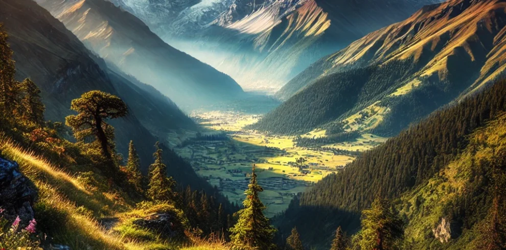 DALL·E 2025-02-01 22.50.17 – A breathtaking view of the majestic Himalayas in Uttarakhand, India. The scene captures towering snow-capped peaks under a clear blue sky, with lush g