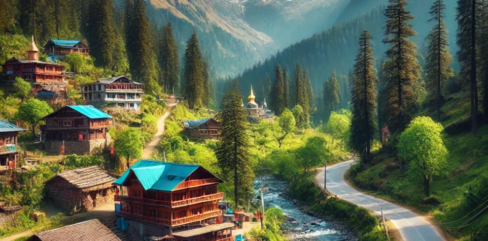 DALL·E 2025-02-01 22.52.32 – A stunning view of Himachal Pradesh, India, showcasing snow-capped Himalayan peaks, lush green valleys, and a winding mountain road. The scene feature